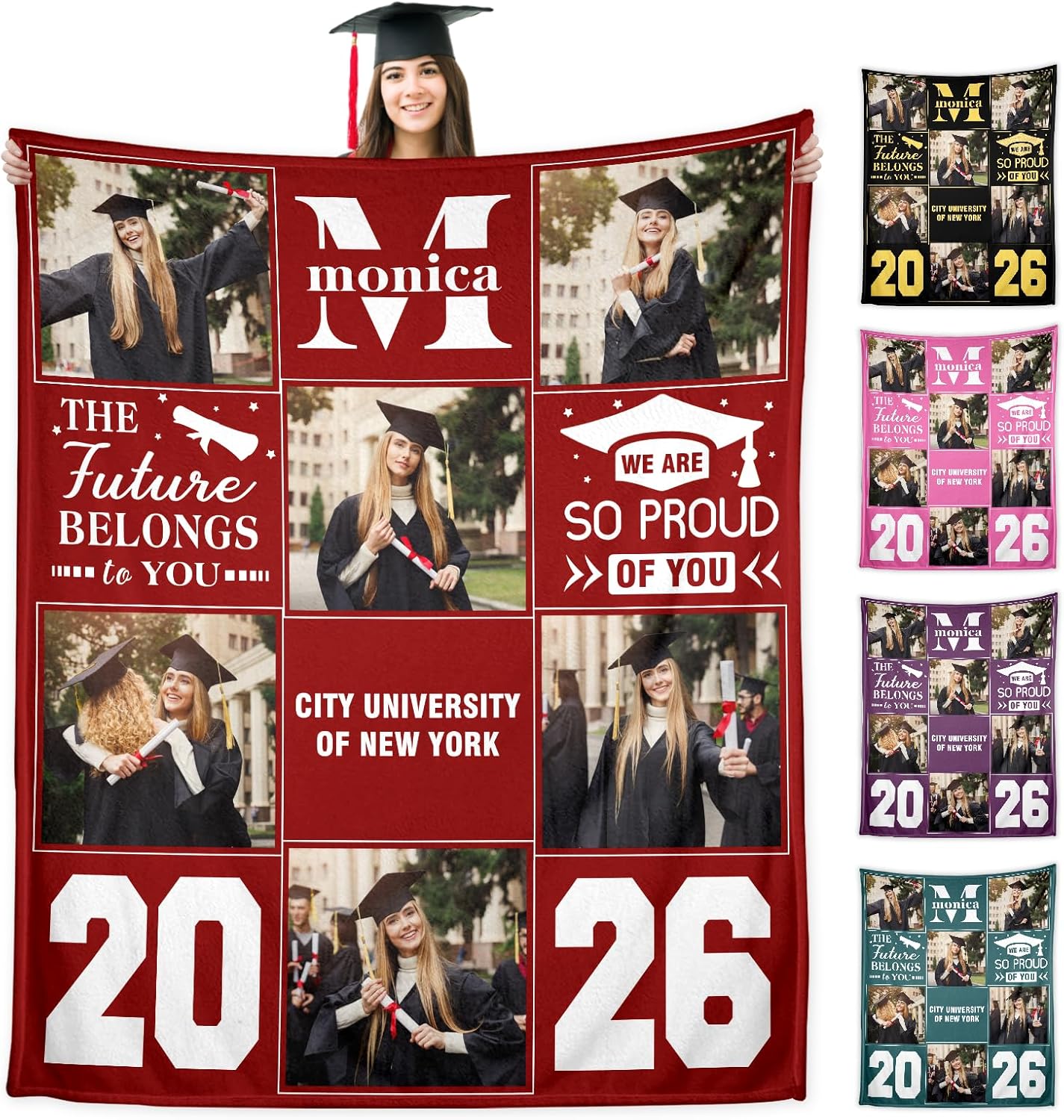 Ship Next Day, Senior 2026 Gifts Custom Graduation Blanket with Photos- Print in USA,Personalized Class of 2026 Graduation Blankets Customized Throw Blanket Graduation Gifts for Her Him