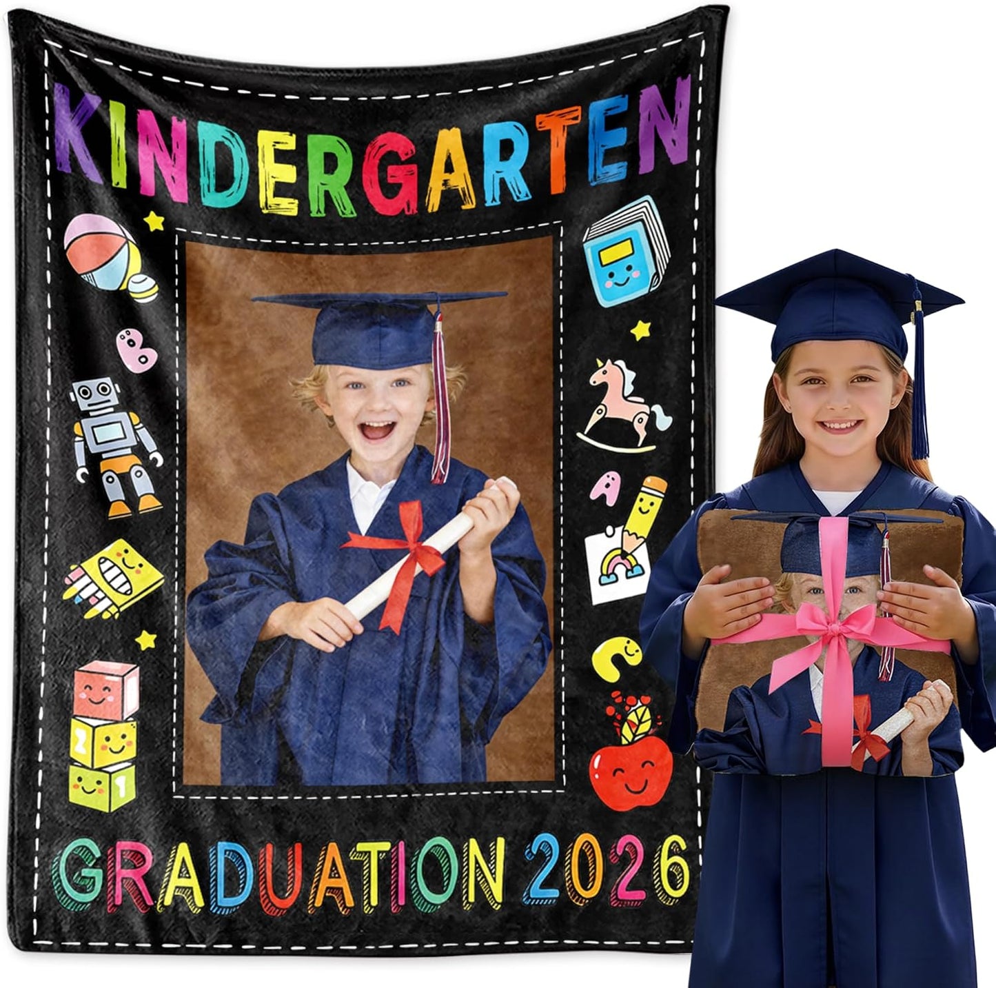 Kindergarten Graduation Gifts Custom Blanket with Photo for Girls Boys, Personalized Photo Blankets Preschool Graduation Blankets Class of 2026 Gifts