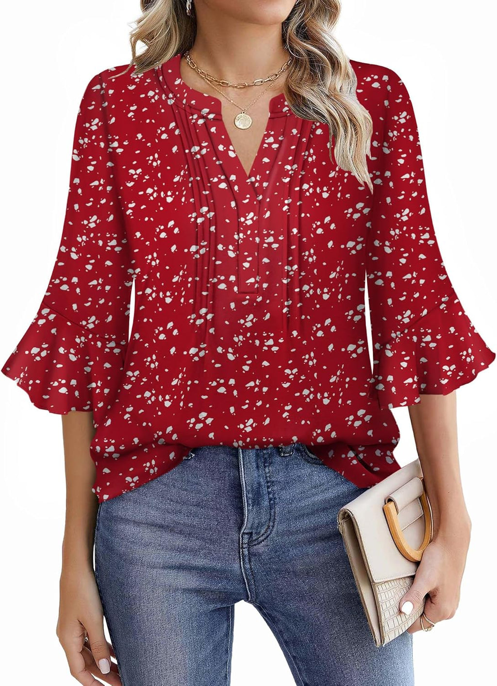 Tops for Women V Neck Blouses 3/4 Ruffle Sleeve Casual Work Style Floral Print Designs S-XXL