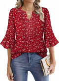 Tops for Women V Neck Blouses 3/4 Ruffle Sleeve Casual Work Style Floral Print Designs S-XXL