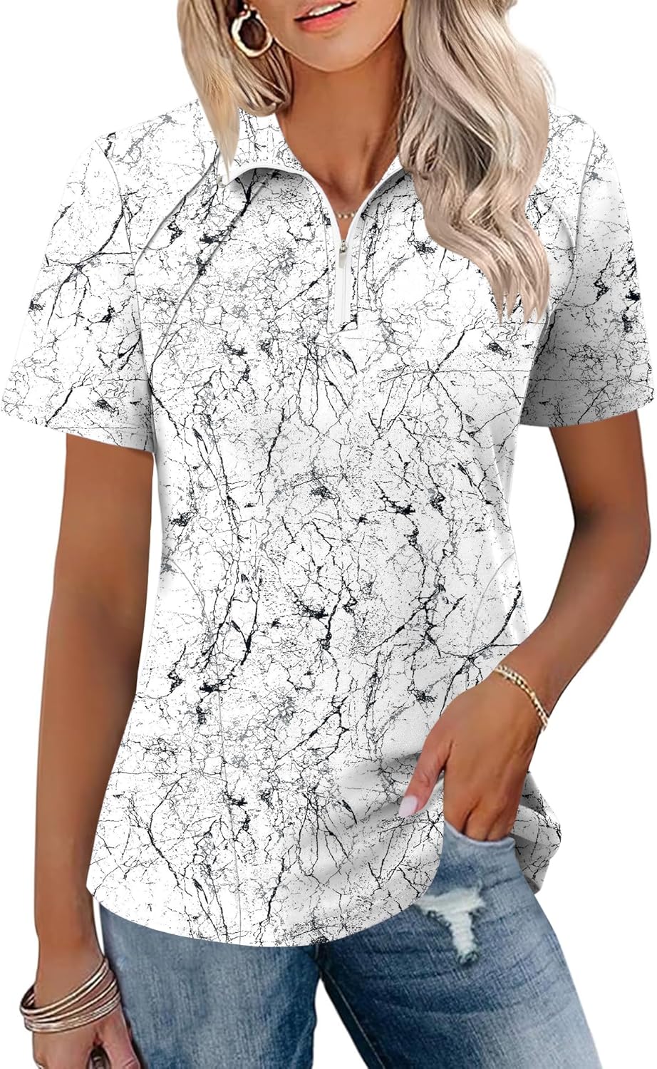 Womens Golf Polo Shirts Summer Short Sleeve 1/4 Zip Tops Moisture Wicking Casual Tennis Activewear with Pockets