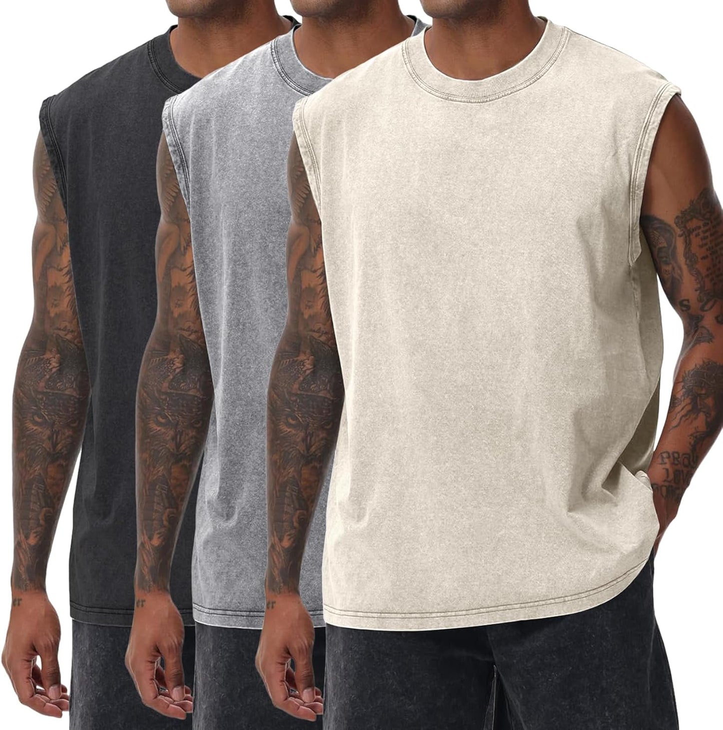 Mens Tank Tops Workout Sleeveless Shirts Acid Wash Cotton Tees Loose Gym Muscle Shirts