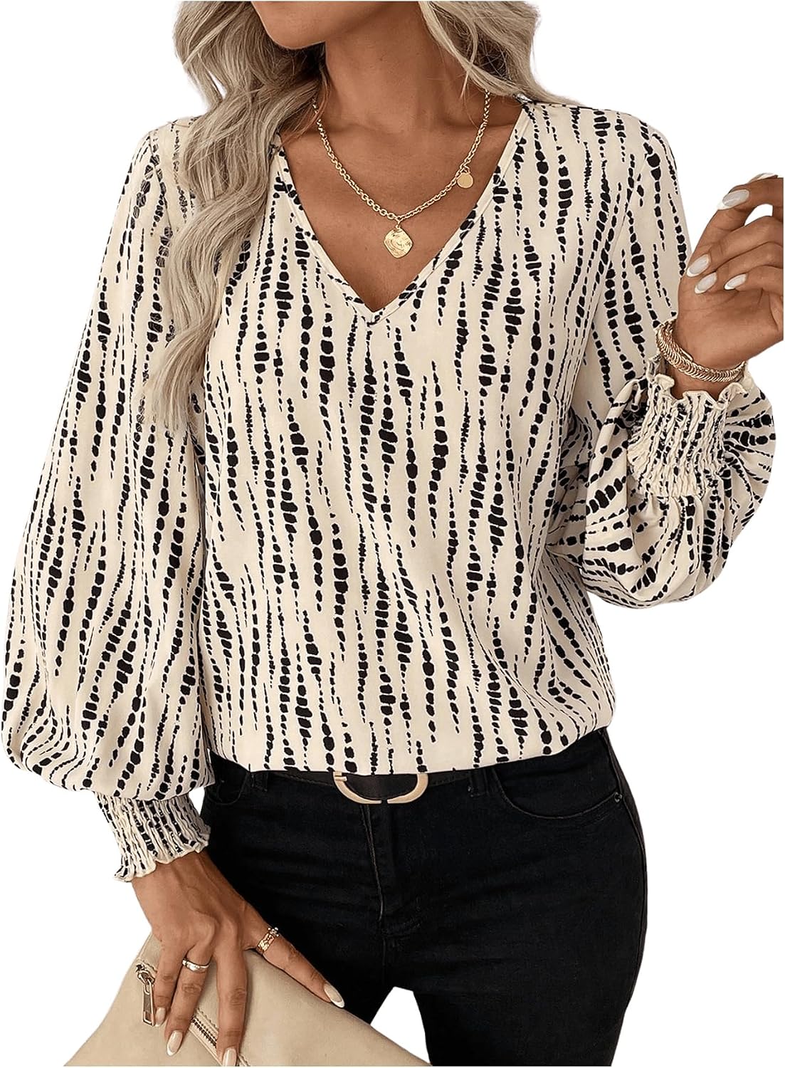 Women's Allover Printed Blouse Tops V Neck Lantern Long Sleeve Shirred Casual Work Shirt
