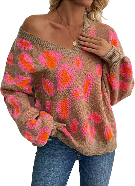 Women's Leopard Print Knit Sweater V Neck Long Sleeve Tops Casual Pullover Fall Outfit