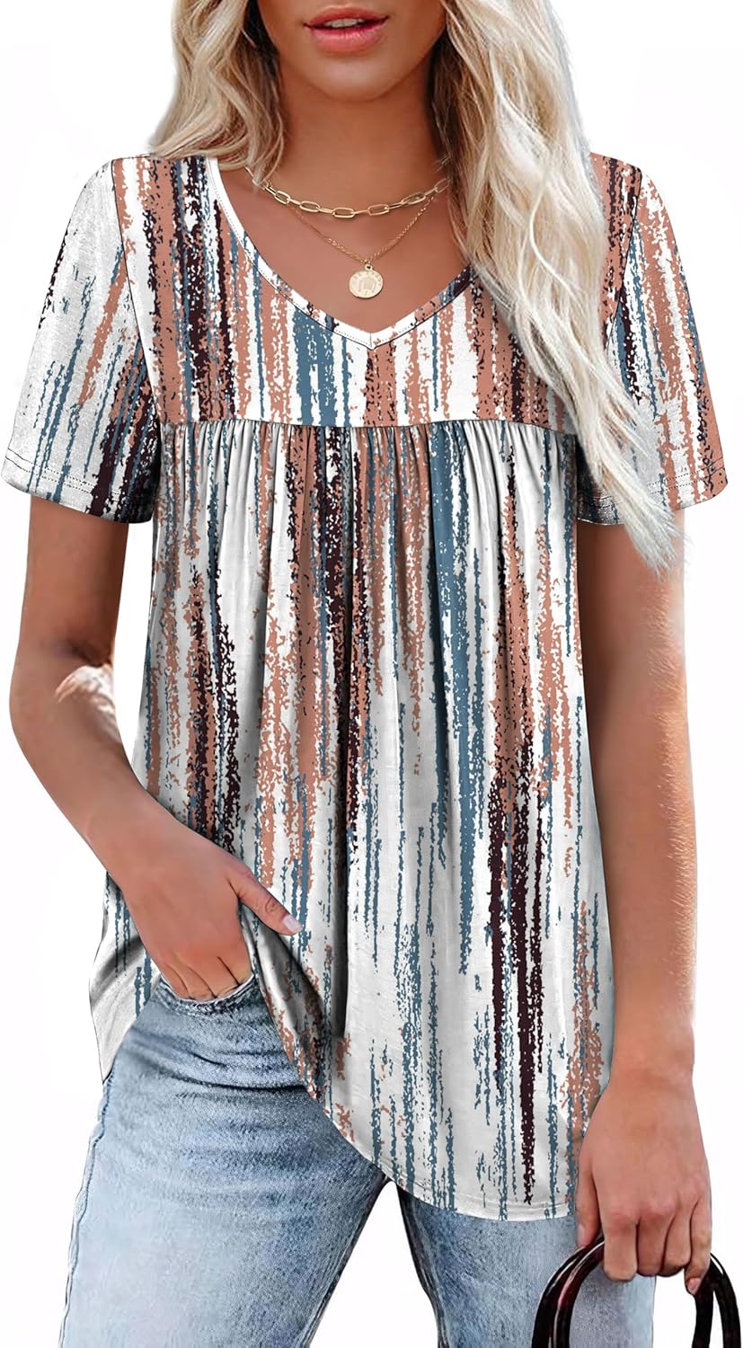 Womens T Shirts Short Sleeve Pleated Dressy Casual V Neck Summer Tops Blouses
