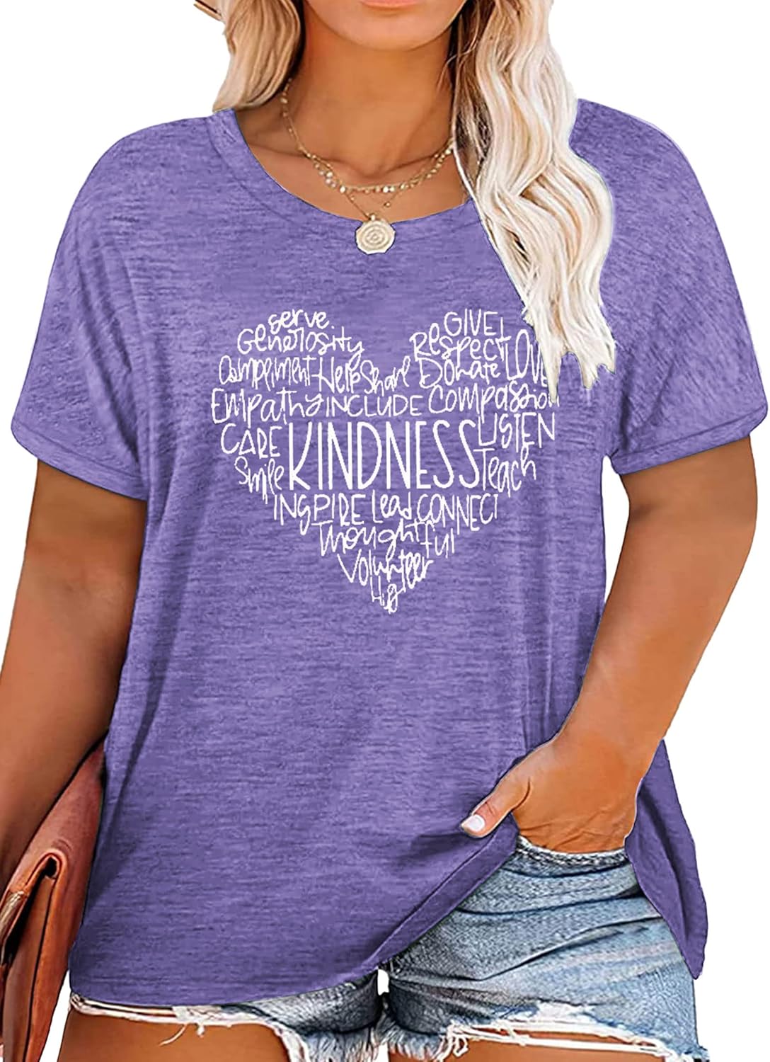 Womens Plus Size Tops Short Sleeve Casual T-Shirt Kindness Flowers Print Pullover Tunic 1X-5X