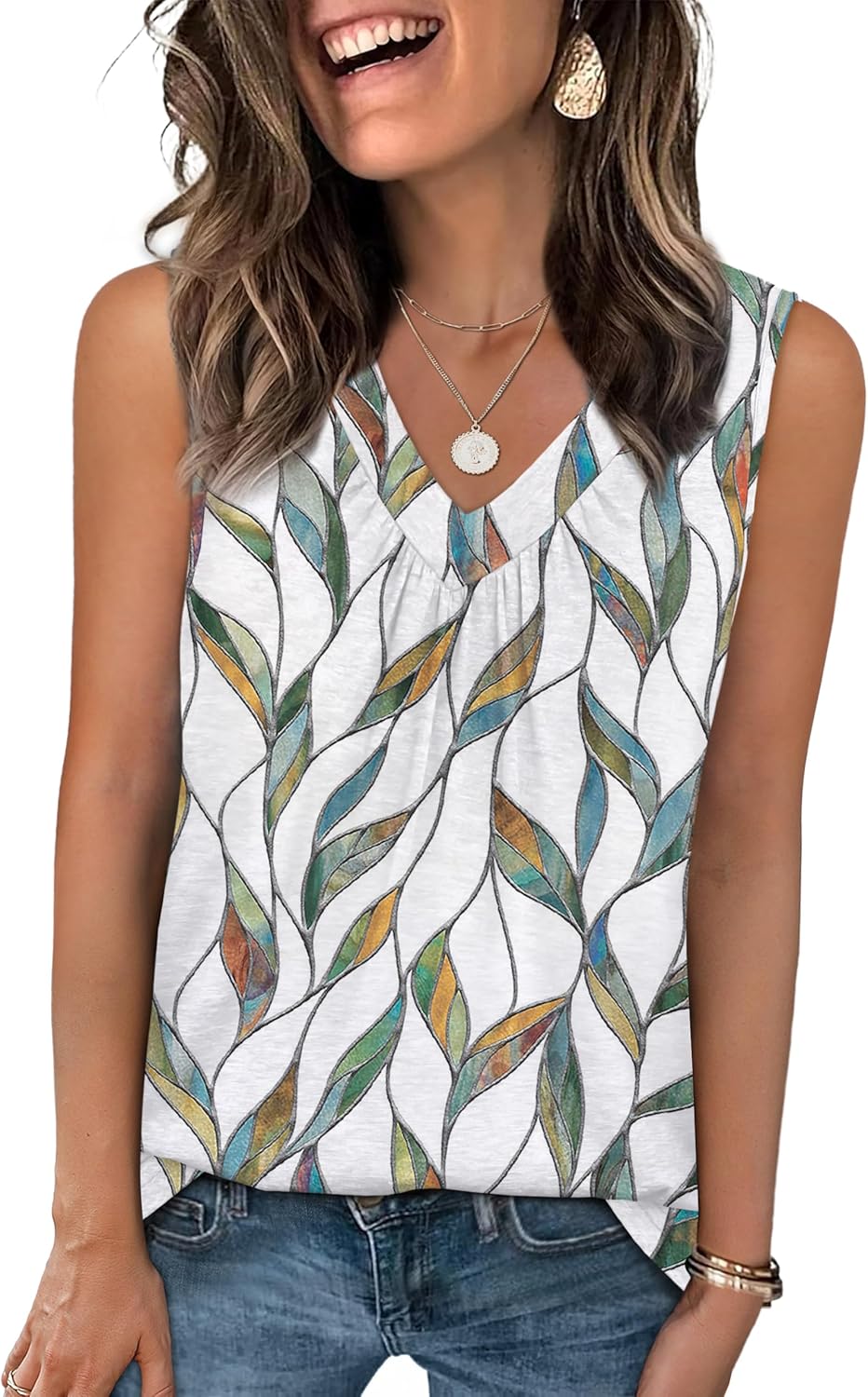 Tank Top for Women Loose Fit Sleeveless Shirts V Neck Summer Clothes Ruched Women's Tees and Tanks Curved Hem