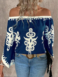 Women's Off The Shoulder Bell 3/4 Sleeve Top Allover Print Blouse Shirts