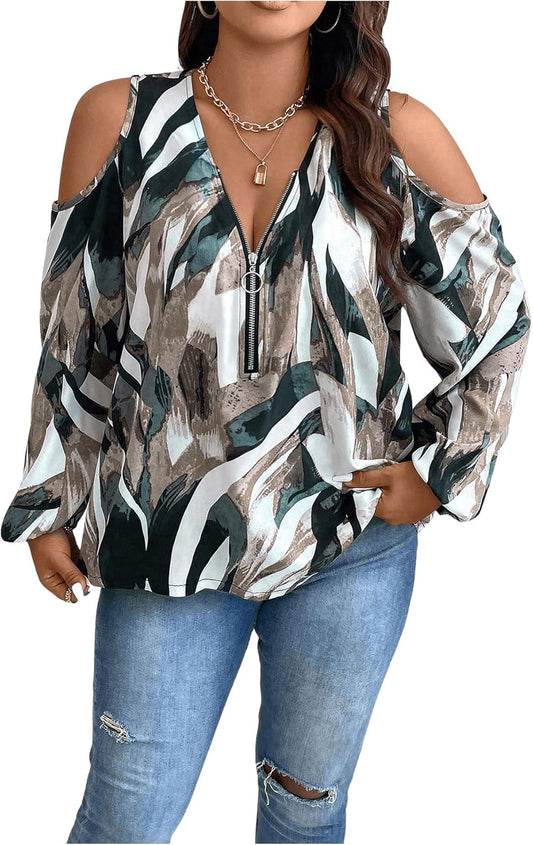 Women's Plus Size Blouse Allover Print Cold Shoulder Bishop Long Sleeve Half Zip Tops