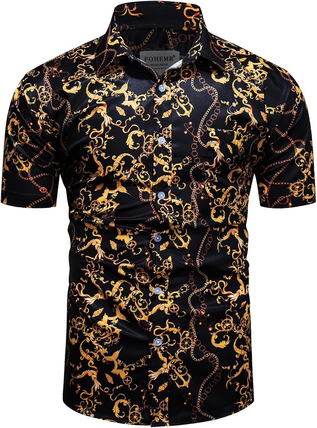 Mens Black Gold Dress Shirts Luxury Short Sleeve Chain Print Shirt Baroque Casual Button Down Design Buchona Shirts