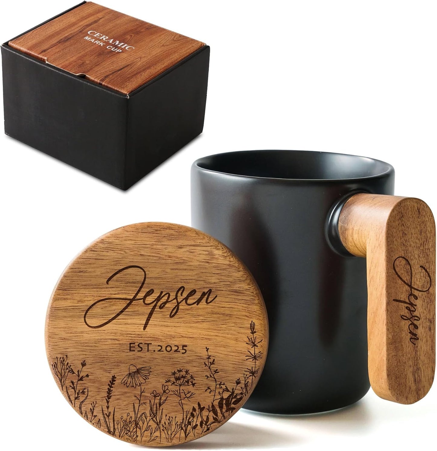 Engraved Ceramic Coffee Mug with Acacia Wood Handle & Lid, 12 oz Personalized Cup for Hot and Cold Drinks, Unique Gift with Stylish Packaging - Black