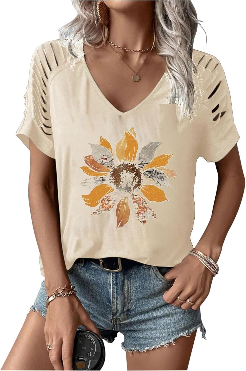 Women's Cut Out V Neck T-Shirts Boho Floral Graphic Tee Summer Cold Shoulder Short Sleeved Tops