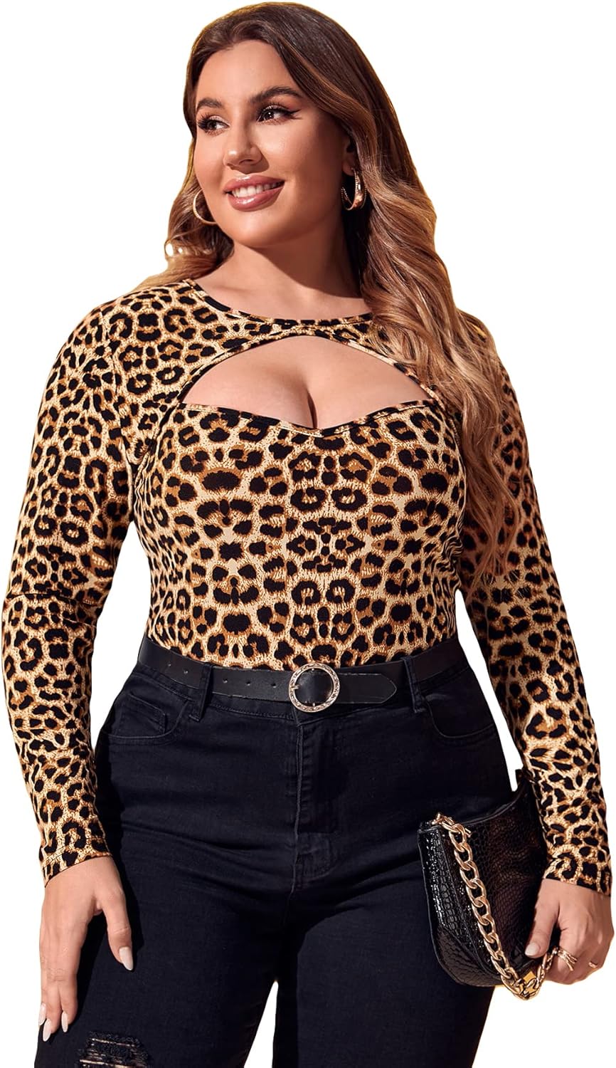 Women's Plus Size Leopard Print Cut Out Long Sleeve Slim Fit Shirt Sexy Tee Top