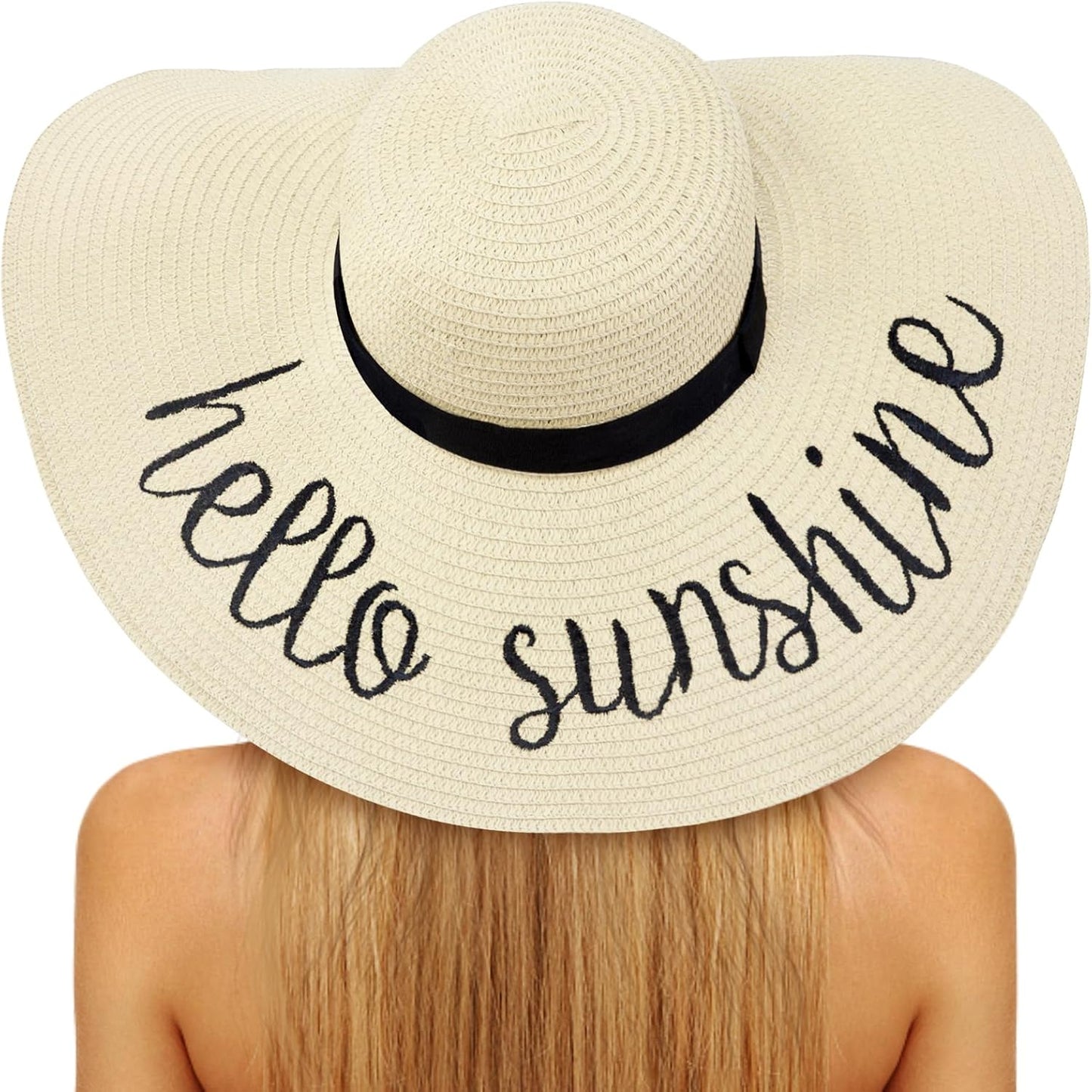 Floppy Beach Hats for Women Straw Sun Hat Foldable Wide Brim Embroidered Roll up Summer Vacation Travel