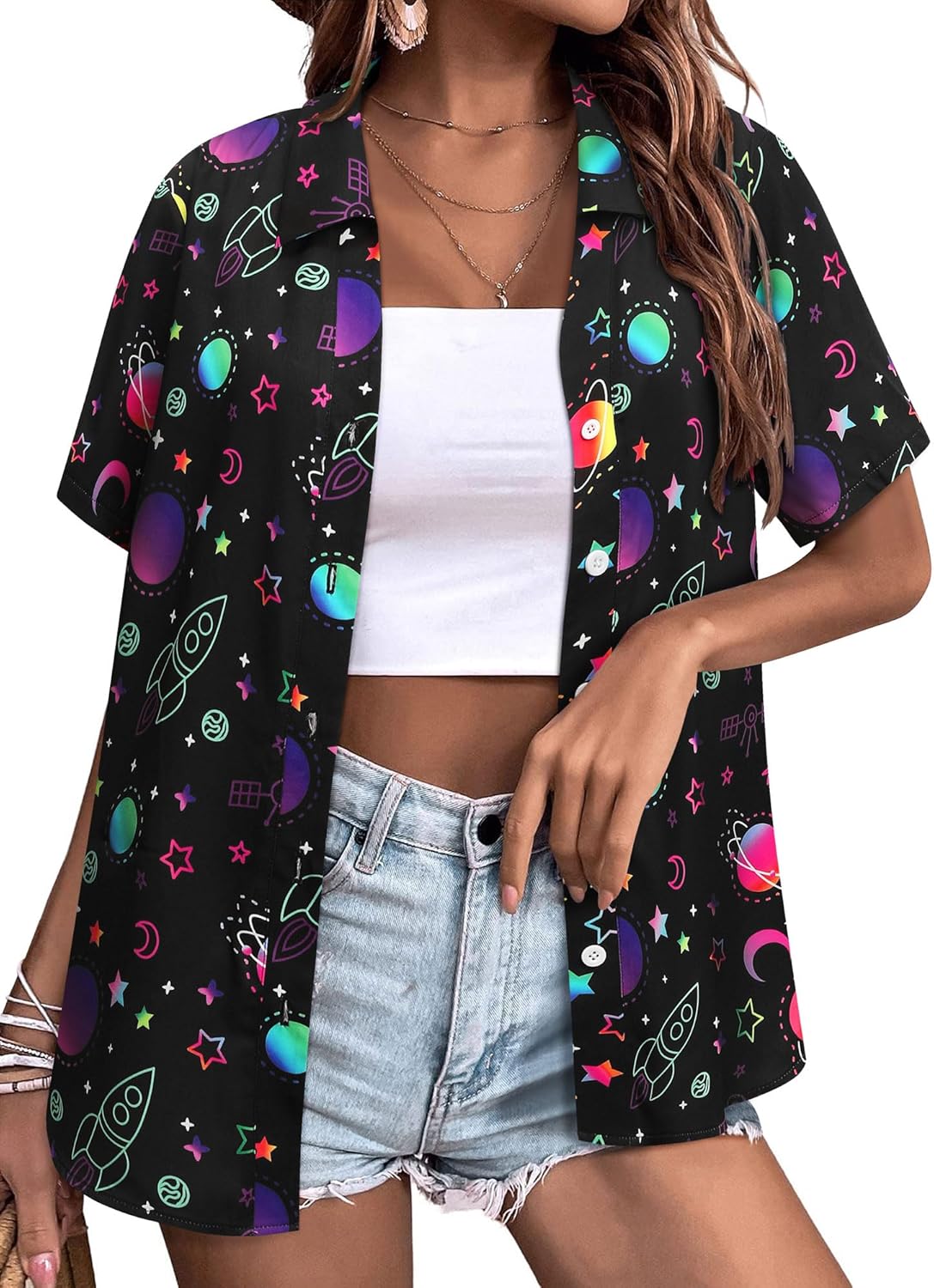 Womens Space Button Down Shirts Funny Astronaut Universe Planet Solar System Galaxy Graphic Tees Tshirt Blouse