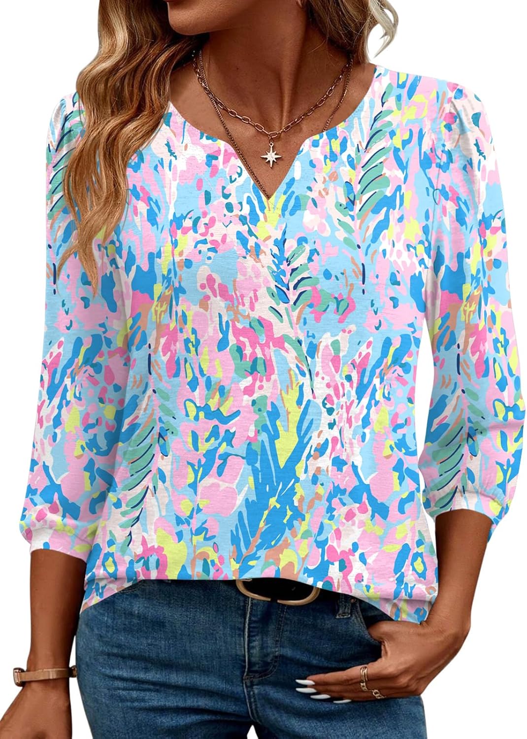 3/4 Length Sleeve Womens Tops Dressy Casual V-Neck Puff Sleeve Blouses Business Work Tunic Shirt S-XXL