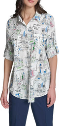 Women's Long Sleeve Collared Neck All Over Print Button Down