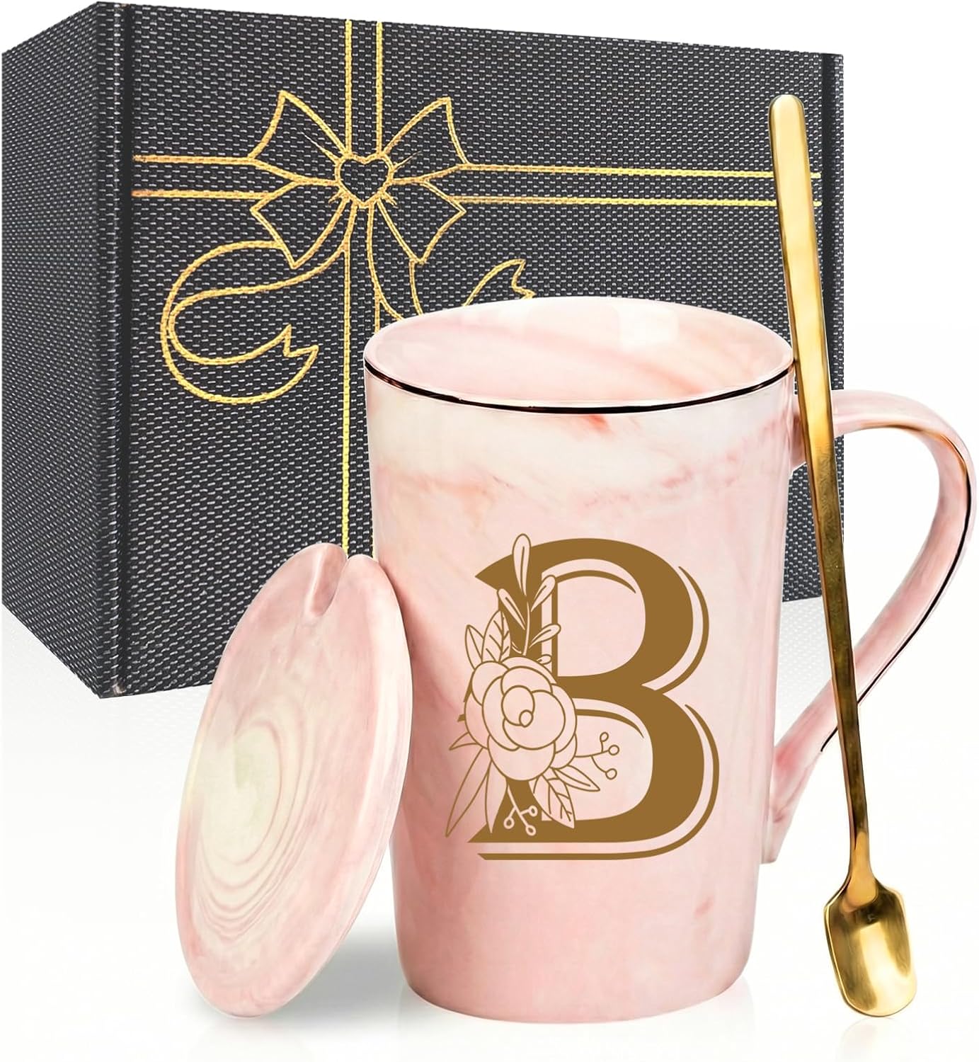 Letter B Personalized Initial Mugs, Letter B Personalized Coffee Mug, Novelty Birthday Mother's day Gifts for Mom Grandma Her Women, Bridal Shower Gifts, 14 OZ Pink with Lid Spoon Gift Box