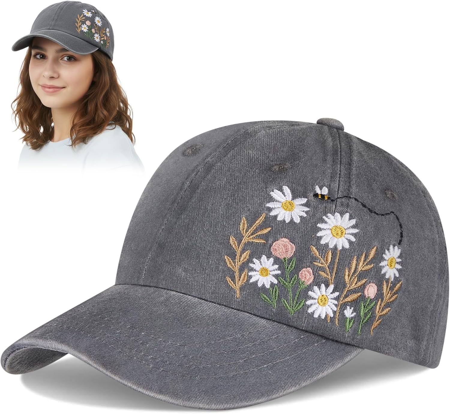 Embroidered Baseball Cap for Women - Cute Daisy Flower Floral Hat, 100% Cotton Soft Breathable Adjustable Washed Baseball Caps Ladies Sun Hat Gift Gray