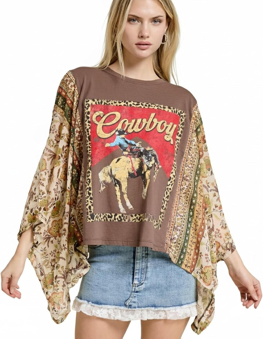 Women’s Western Graphic Top – Flowy Poncho Fit, Cowboy Print, Floral Sleeve, Oversized Tee