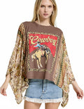 Women’s Western Graphic Top – Flowy Poncho Fit, Cowboy Print, Floral Sleeve, Oversized Tee