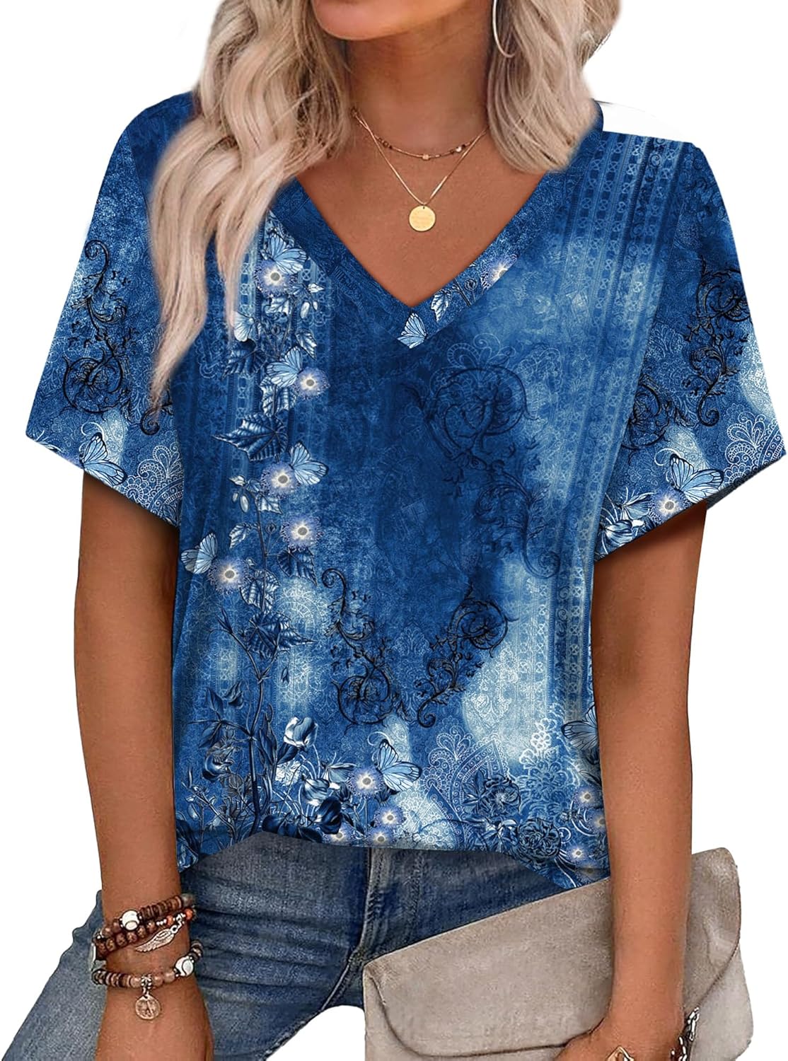 Womens Summer Tops 2026 V Neck Short Sleeve Shirts Trendy Dressy Casual Vacation Outfits Printed