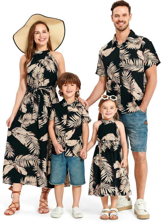 Family Hawaiian Matching Outfits Mommy and Me Outfits Caribbean Vacation Summer Tropical Halter Sundresses and Shirts