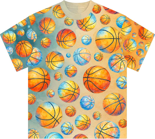 Kids Youth Sports Ball Shirt, Allover Watercolor Print Tee, Quick-Dry Polyester, Short Sleeve Crewneck, Unisex