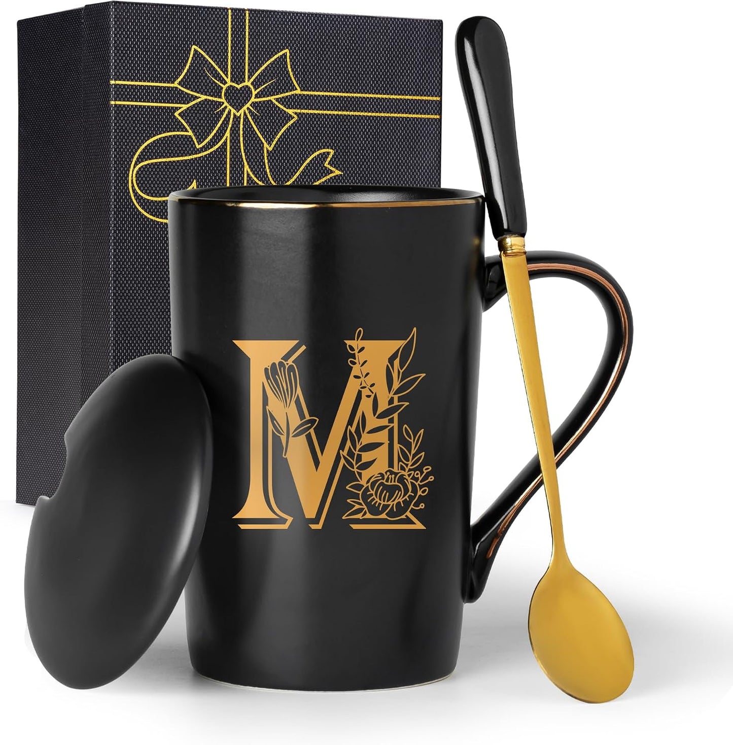 Letter M Personalized Initial Mugs with Flower, Letter M Personalized Coffee Mug, Customized Cool Letter Mugs for Women, Bridal Shower Gifts, Women's Initials Gifts Mug 14 OZ Matte Black