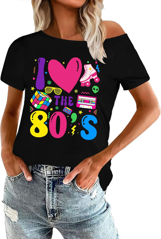 80s Shirts for Women Retro Off The Shoulder Top Disco 80s 90s Theme Party Outfit