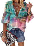 Hawaiian Shirt for Women Cool Soft Summer Hawaii Shirts V Neck Floral Tropic Print T-Shirt 3/4 Sleeve Button Up Tops
