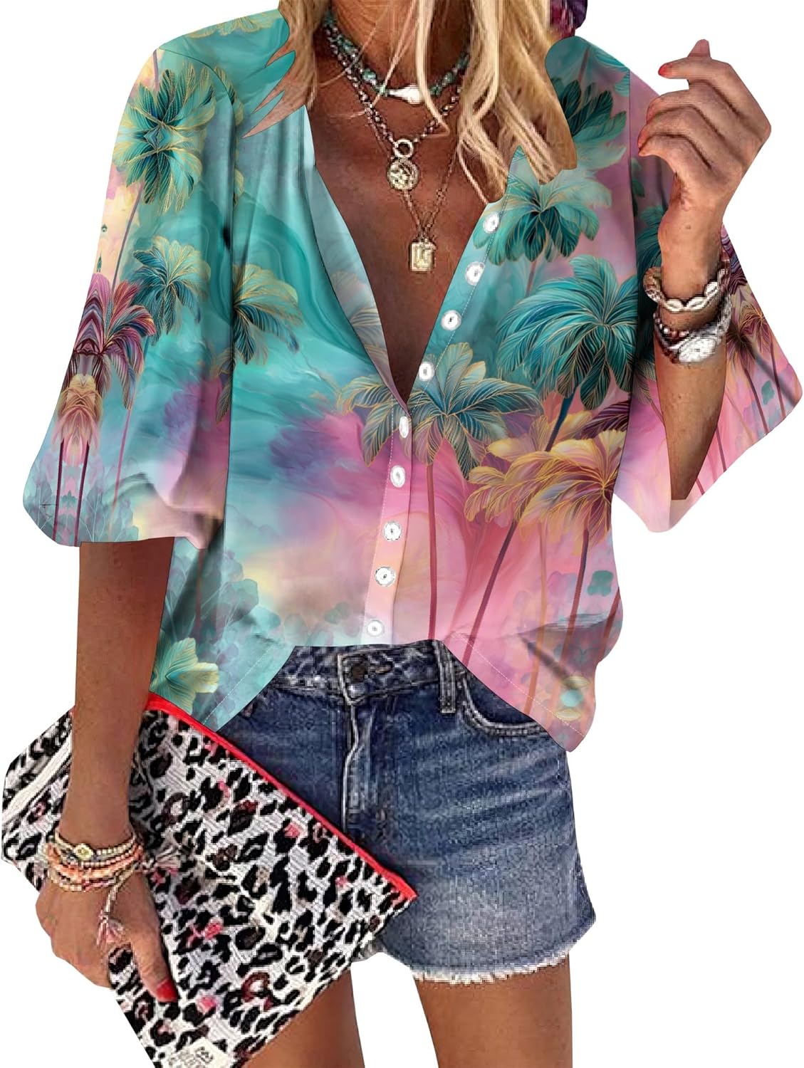 Hawaiian Shirt for Women Cool Soft Summer Hawaii Shirts V Neck Floral Tropic Print T-Shirt 3/4 Sleeve Button Up Tops