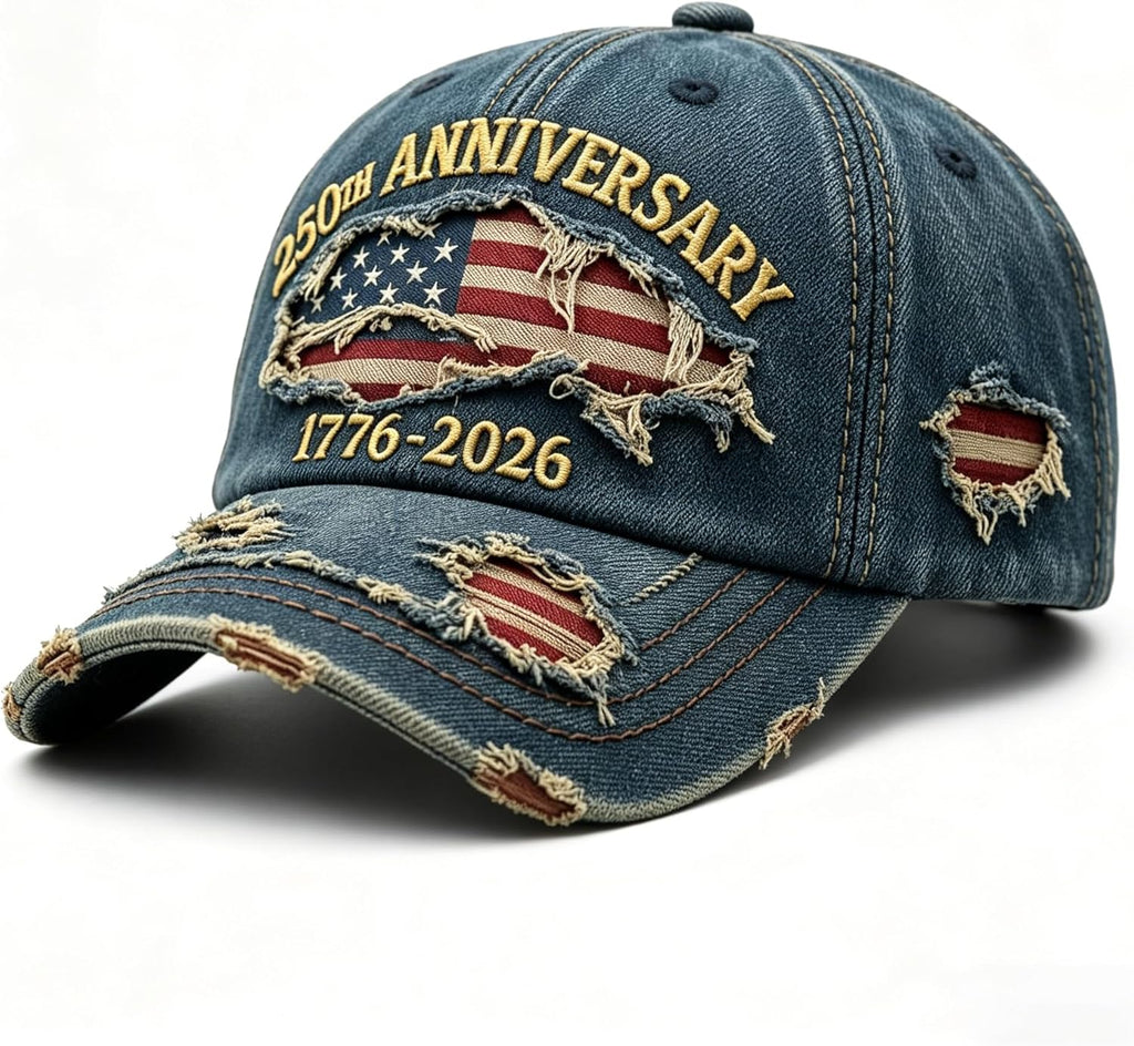 USA 250th Anniversary Hat 1776-2026 - Embroidered Distressed Denim Cap - Vintage Ripped Flag Patriotic American Gift