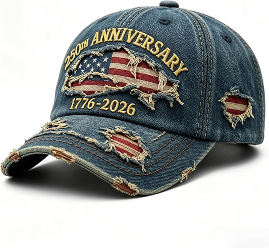 USA 250th Anniversary Hat 1776-2026 - Embroidered Distressed Denim Cap - Vintage Ripped Flag Patriotic American Gift