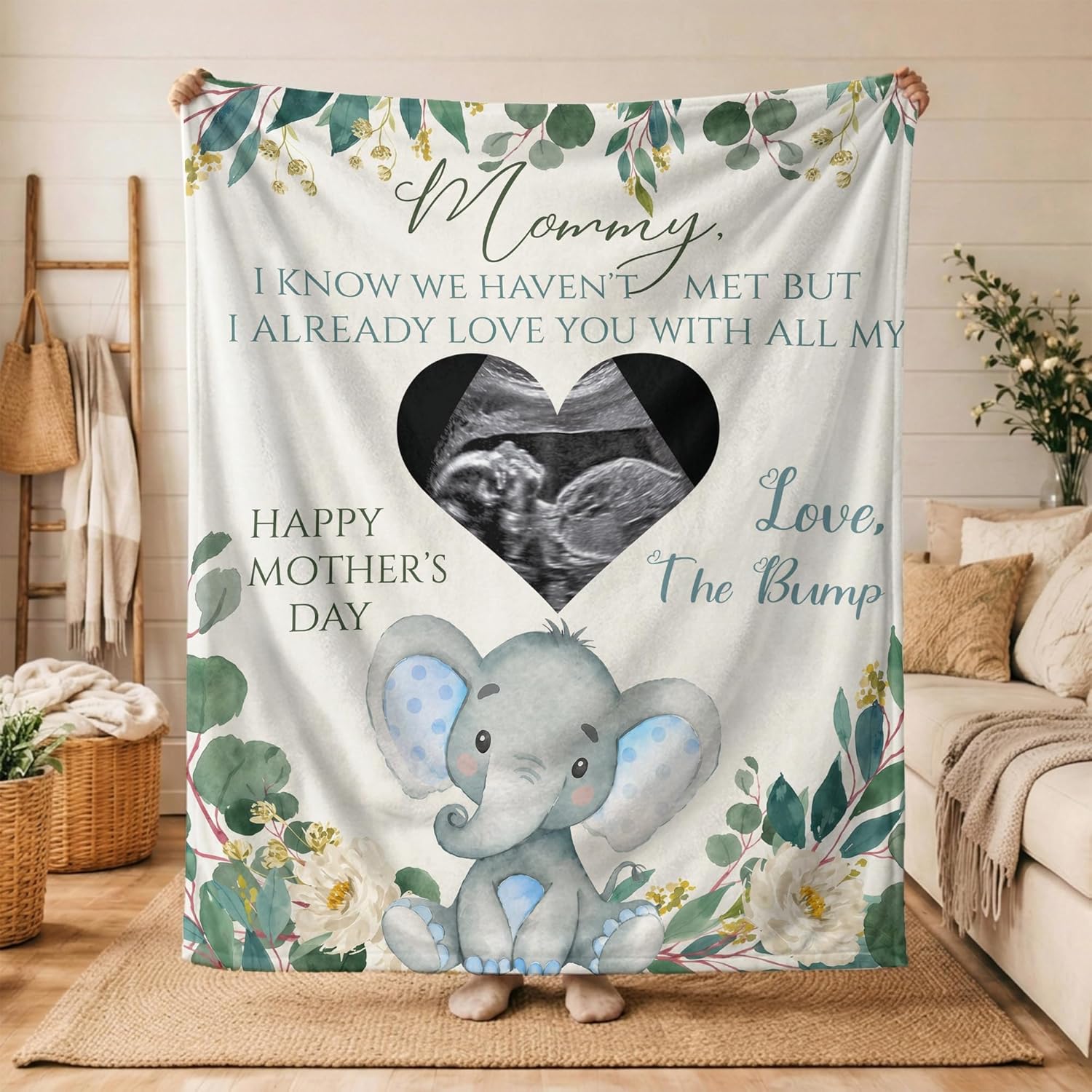 Personalized Ultrasound Photo Blanket for New Mom, Custom Sonogram Picture Flannel Throw-Birthday Gifts for Expecting Mama from Husband, Elephant Fleece Blankets Pregnant Wife Baby Bump