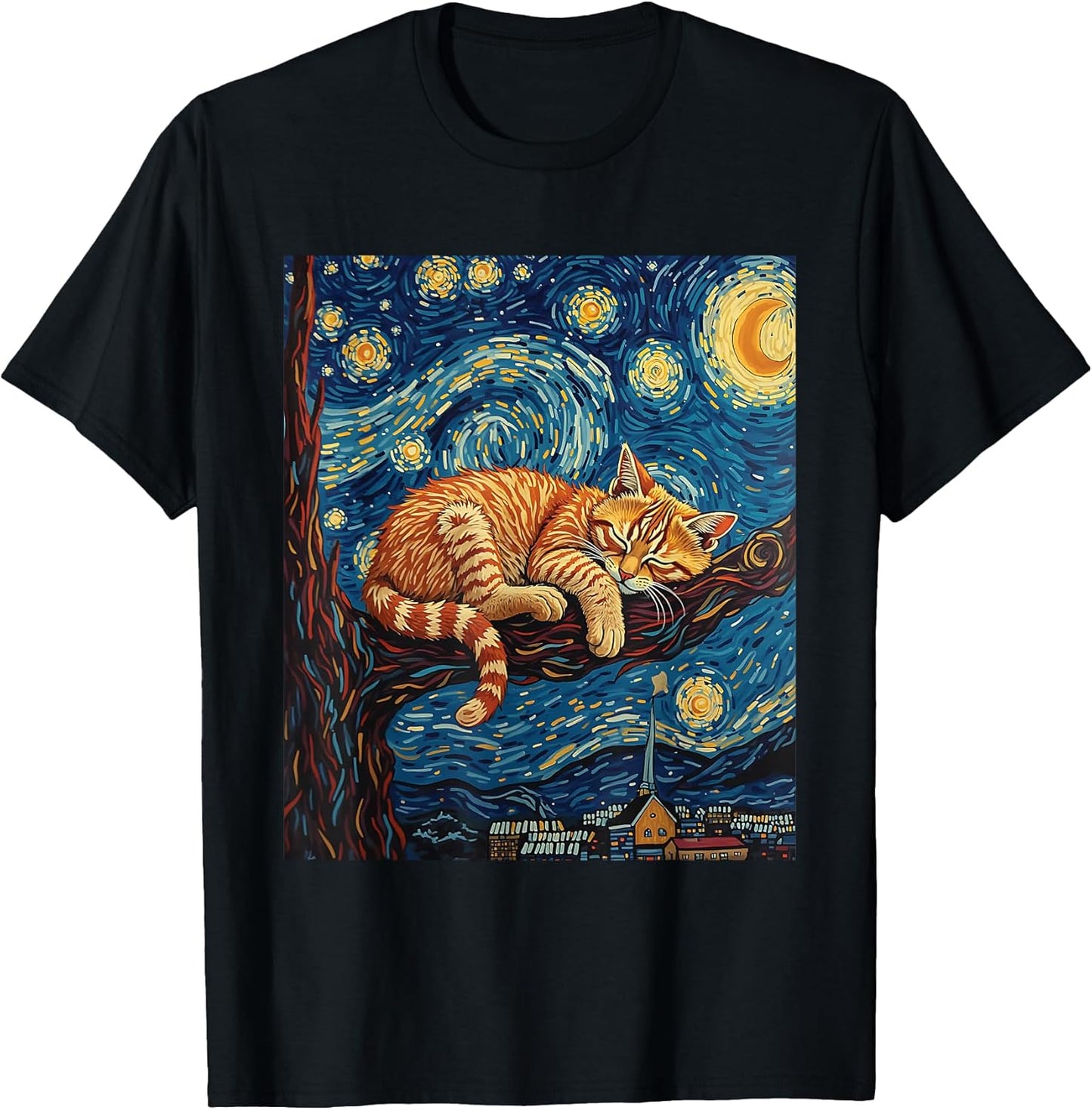 Charming Ginger Cat Van Gogh Starry Night Pet Lovers Art T-Shirt