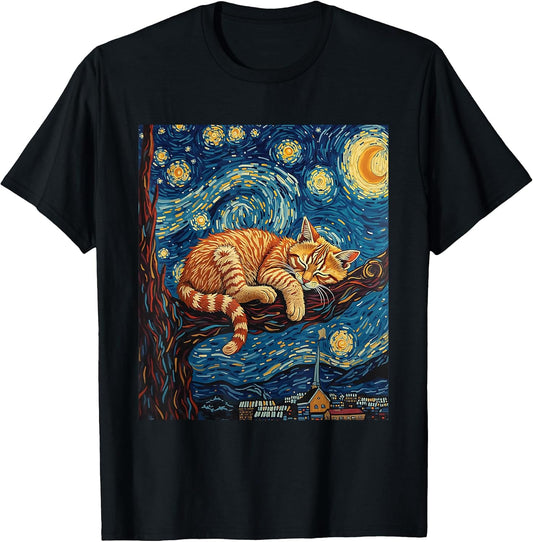 Charming Ginger Cat Van Gogh Starry Night Pet Lovers Art T-Shirt