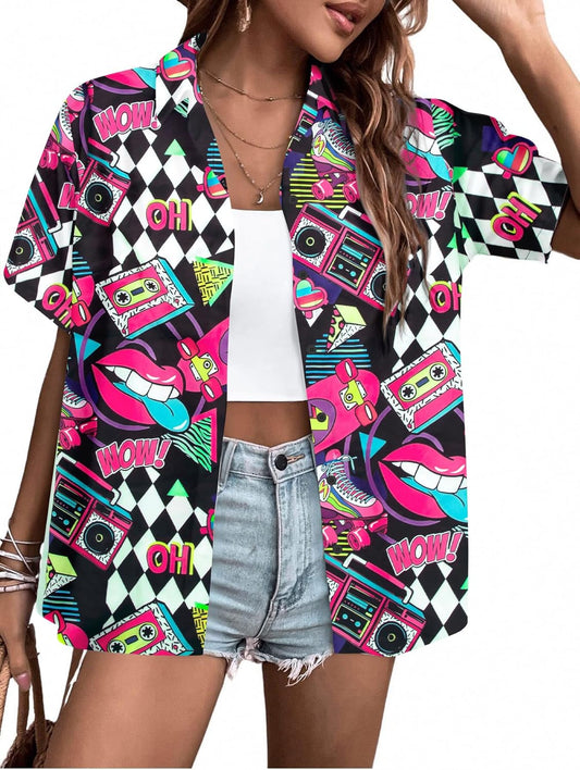80s 90s Outfits for Women Retro 80's Disco Party Shirt Button Down Short Sleeve Tshirt 90's Blouse Hawaiian Tops