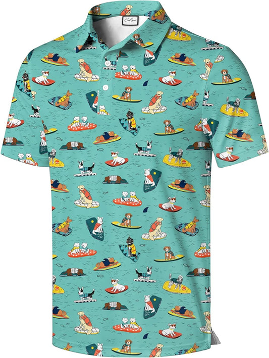 Men's Hawaiian Print Polo Shirt, Short Sleeve Casual Polo Top, Tropical Vacation Party Style