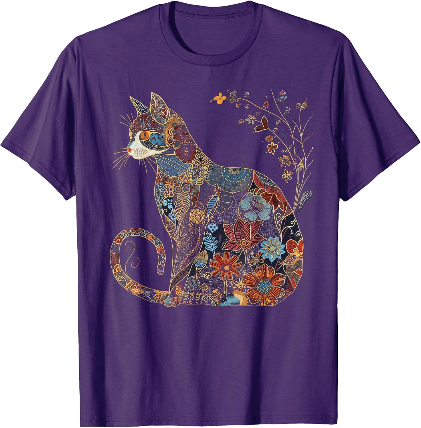 Cat Colorful Floral Patterns Vintage Flowers Art Cat Lover T-Shirt for Men Women Kids