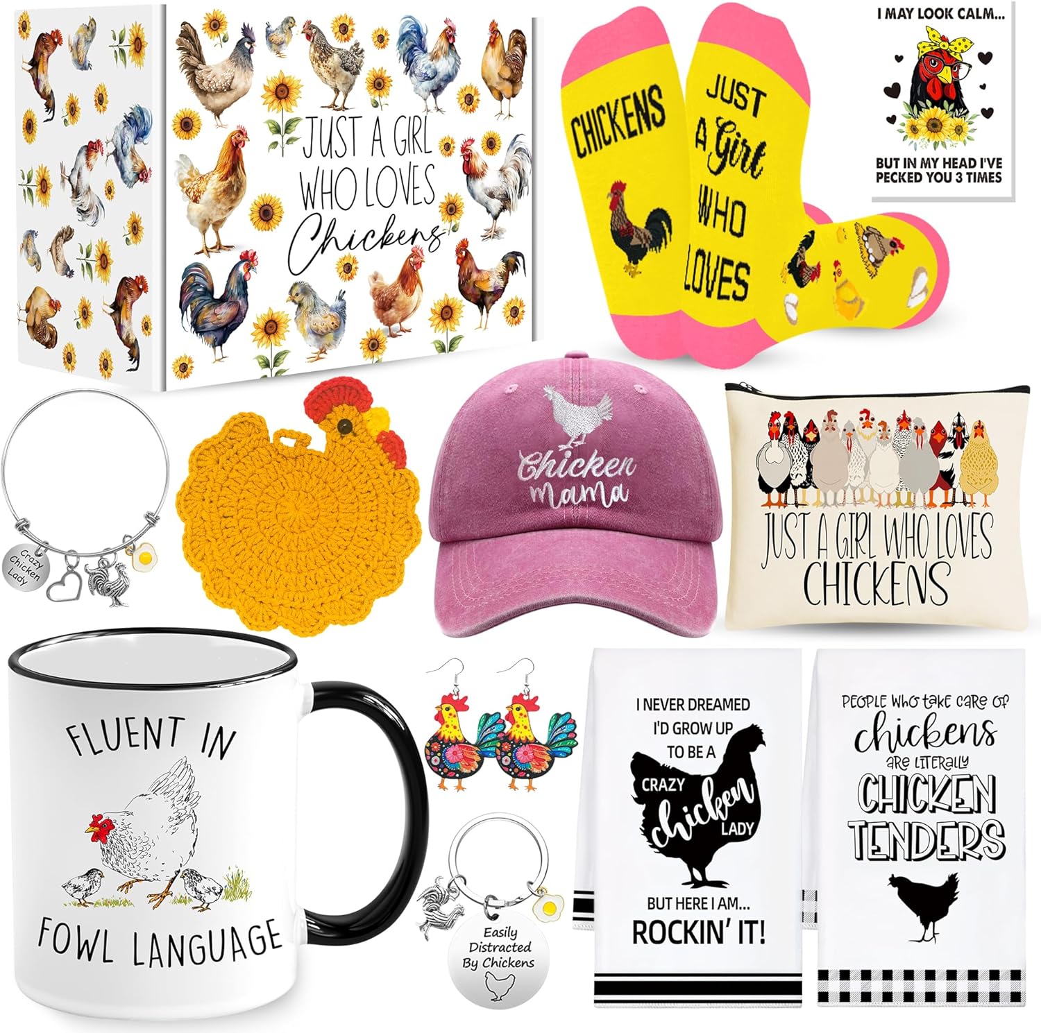 Chicken Gifts, Chicken Lover Gifts for Women, Funny Chicken Stuff with 11 Oz Coffee Mug Coaster Hat Socks Makeup Bag 2 Chicken Kitchen Towel Bracelet Keychain, Chicken Lady Birthday Chirstmas Gift