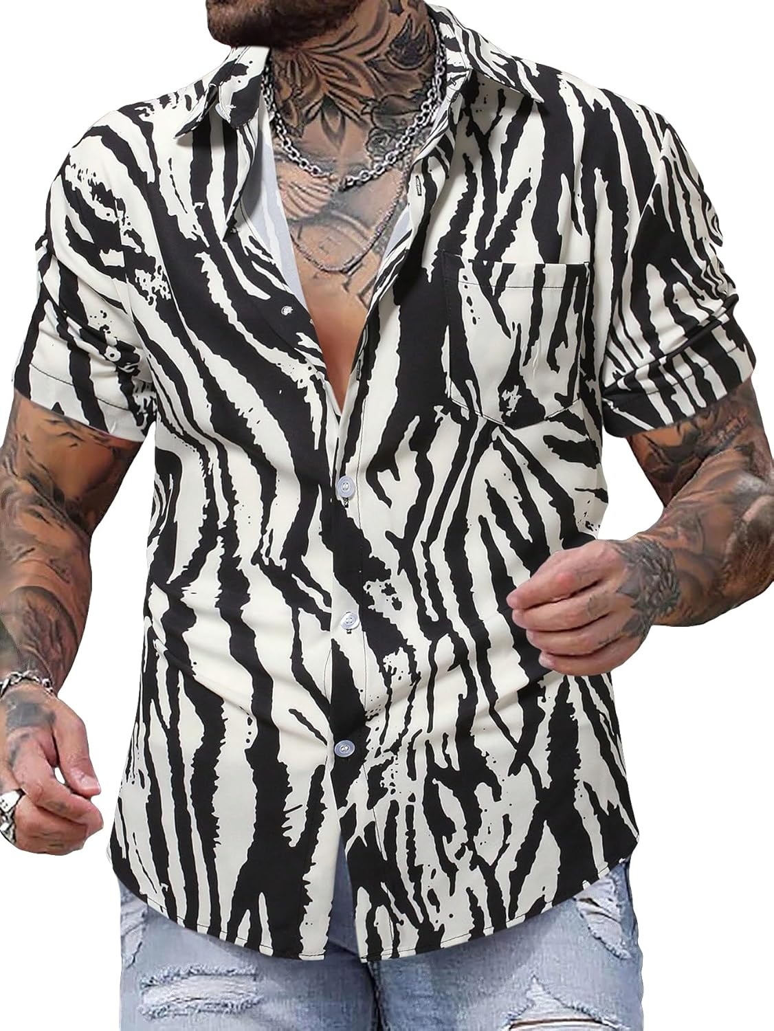 Men's Y2k Hawaiian Zebra Print Shirt Casual Animal Print Button Up Short Sleeve Collar Cheetah Print Tops
