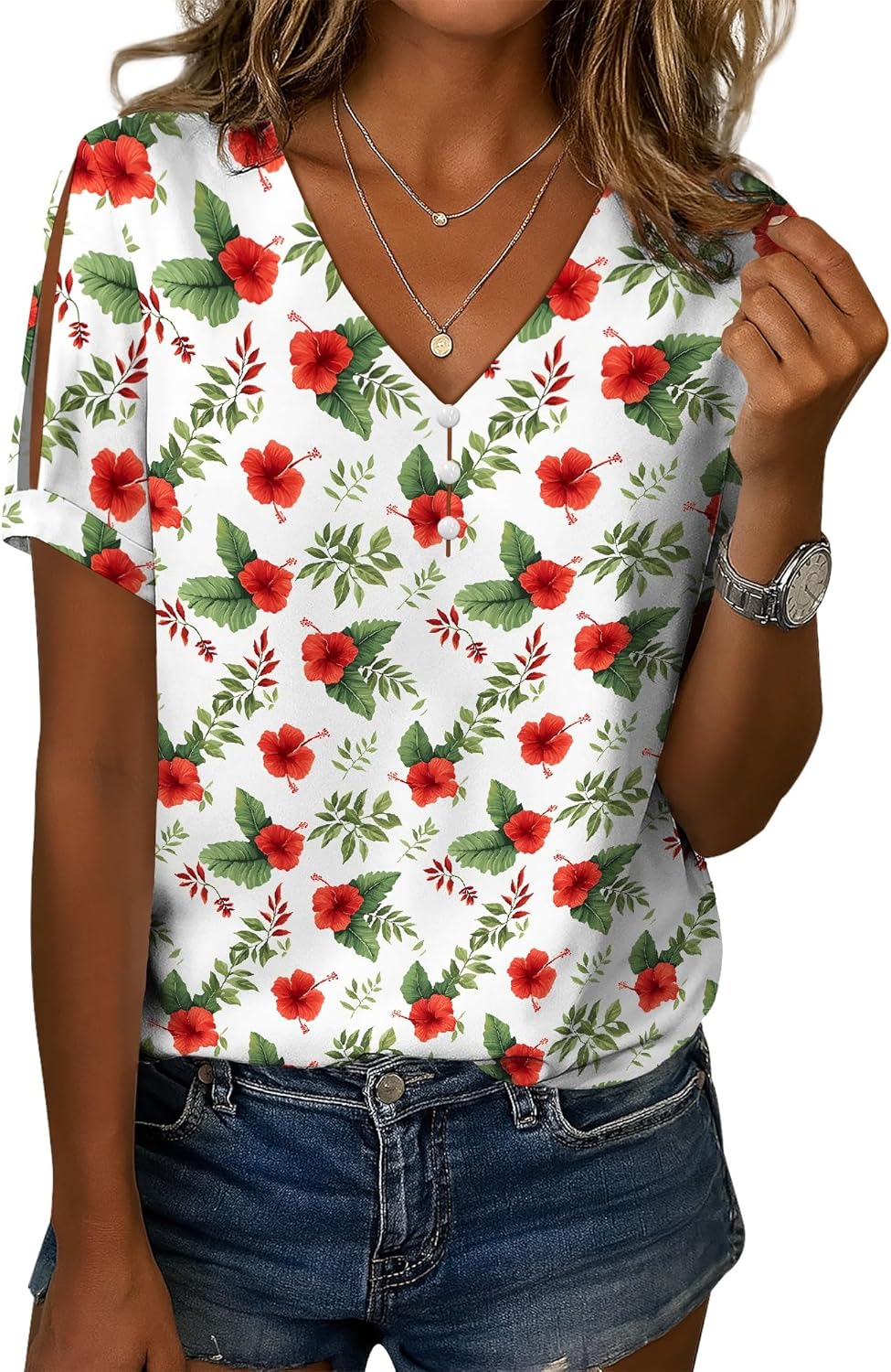 Women's Boho Floral Print Blouse Loose Fit V-Neck Short Sleeve Top with Front Buttons Casual Summer 2025 T-Shirt