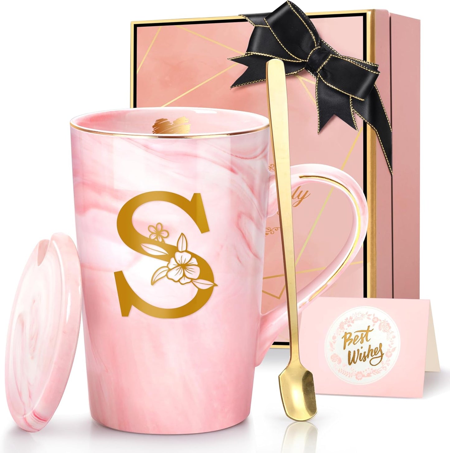 Personalized Marble Ceramic Mug Gifts for Women, 14 Oz Pink Initial Customized Gift Coffee Mug with Lid, Mother's Day Christmas Birthday Gifts for Wife Mom Grandma Friend Sister Unique,S
