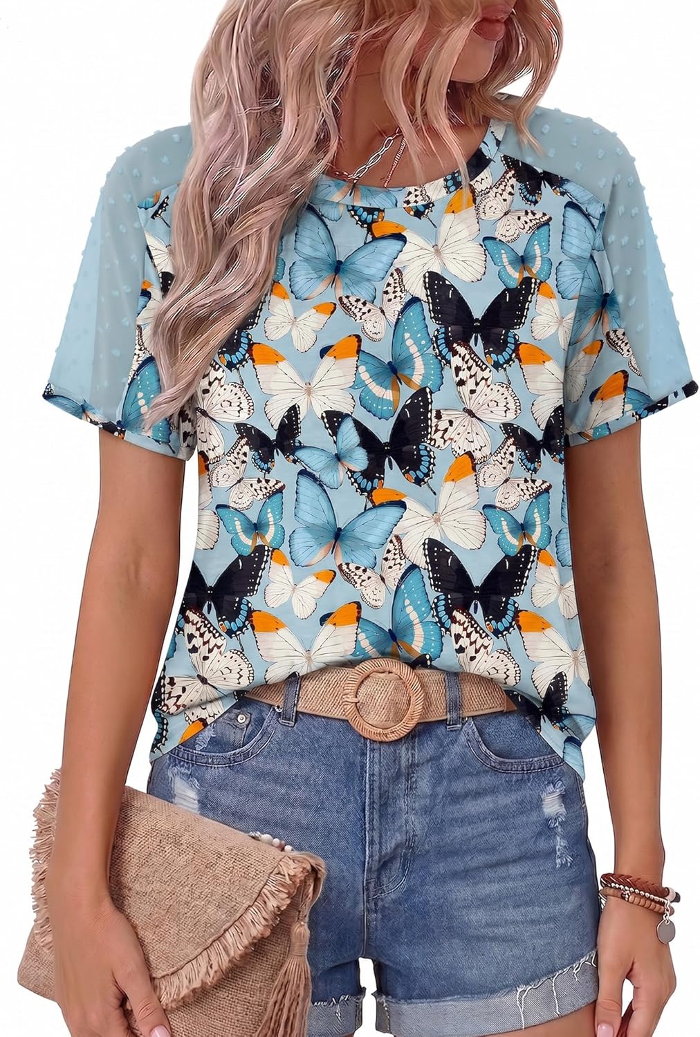 Women Mesh Sleeves Casual T-Shirts Summer Fashion See Through Blouses Tee S-3XL