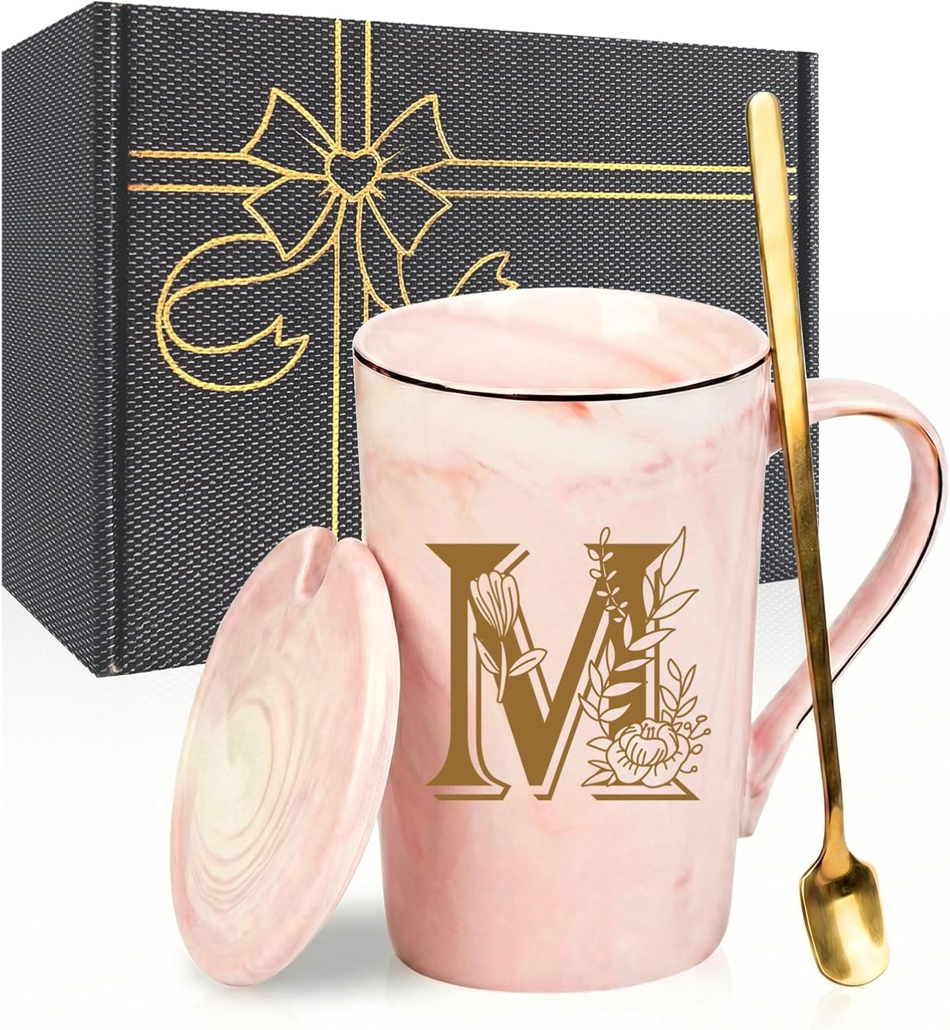 Letter M Personalized Initial Mugs, Letter M Personalized Coffee Mug, Novelty Birthday Mother's day Gifts for Mom Grandma Her Women, Bridal Shower Gifts, 14 OZ Pink with Lid Spoon Gift Box