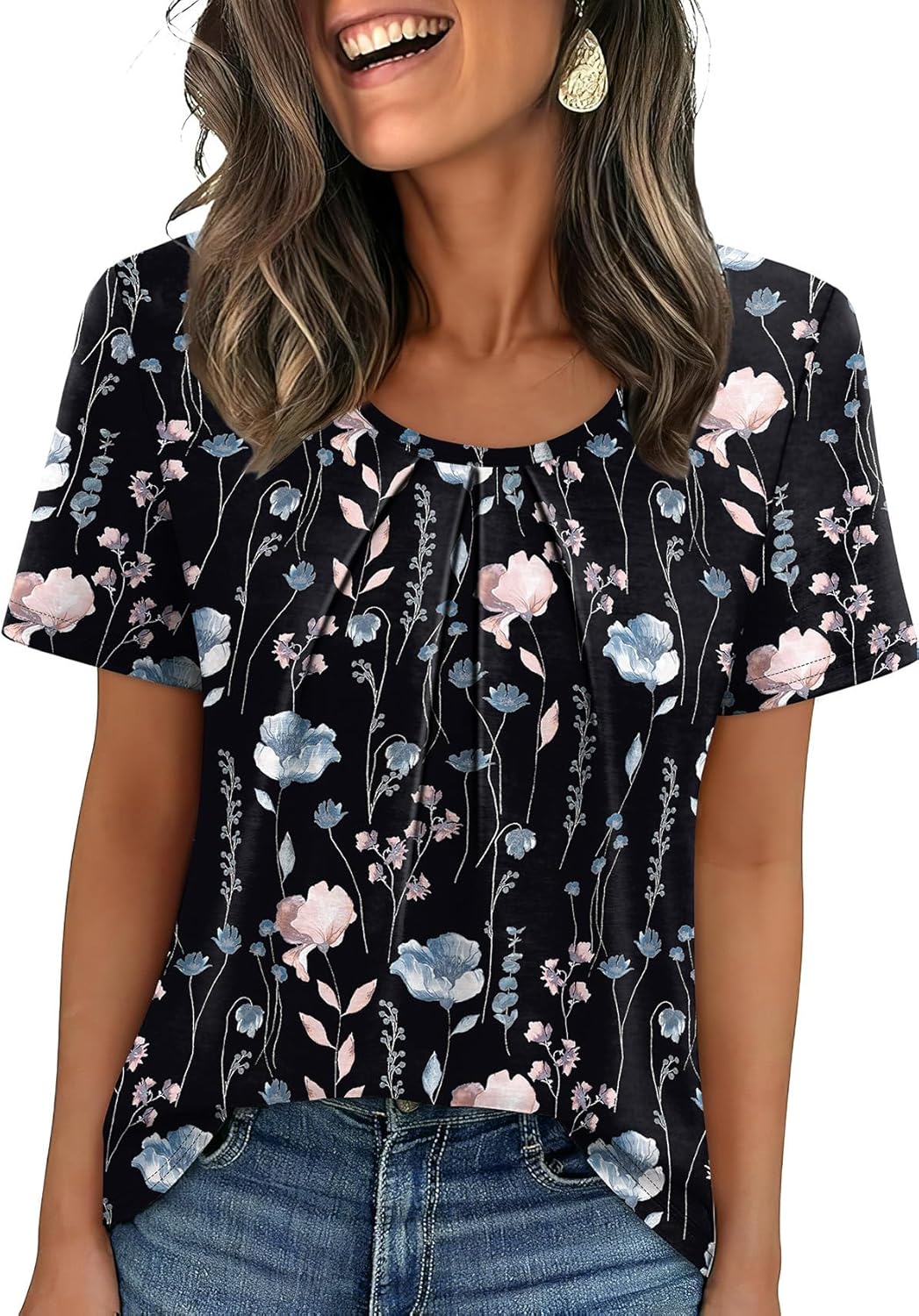 Women T Shirts Pleated Short Sleeve Tops Business Casual Dressy Blouses