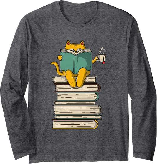 Reading Cat - Funny Book & Tea Lover Gift Long Sleeve T-Shirt