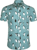 Mens Aloha Hawaiian Button Down Dress Shirt Flamingos Penguin Printed Tropical Novelty Casual Short Sleeve