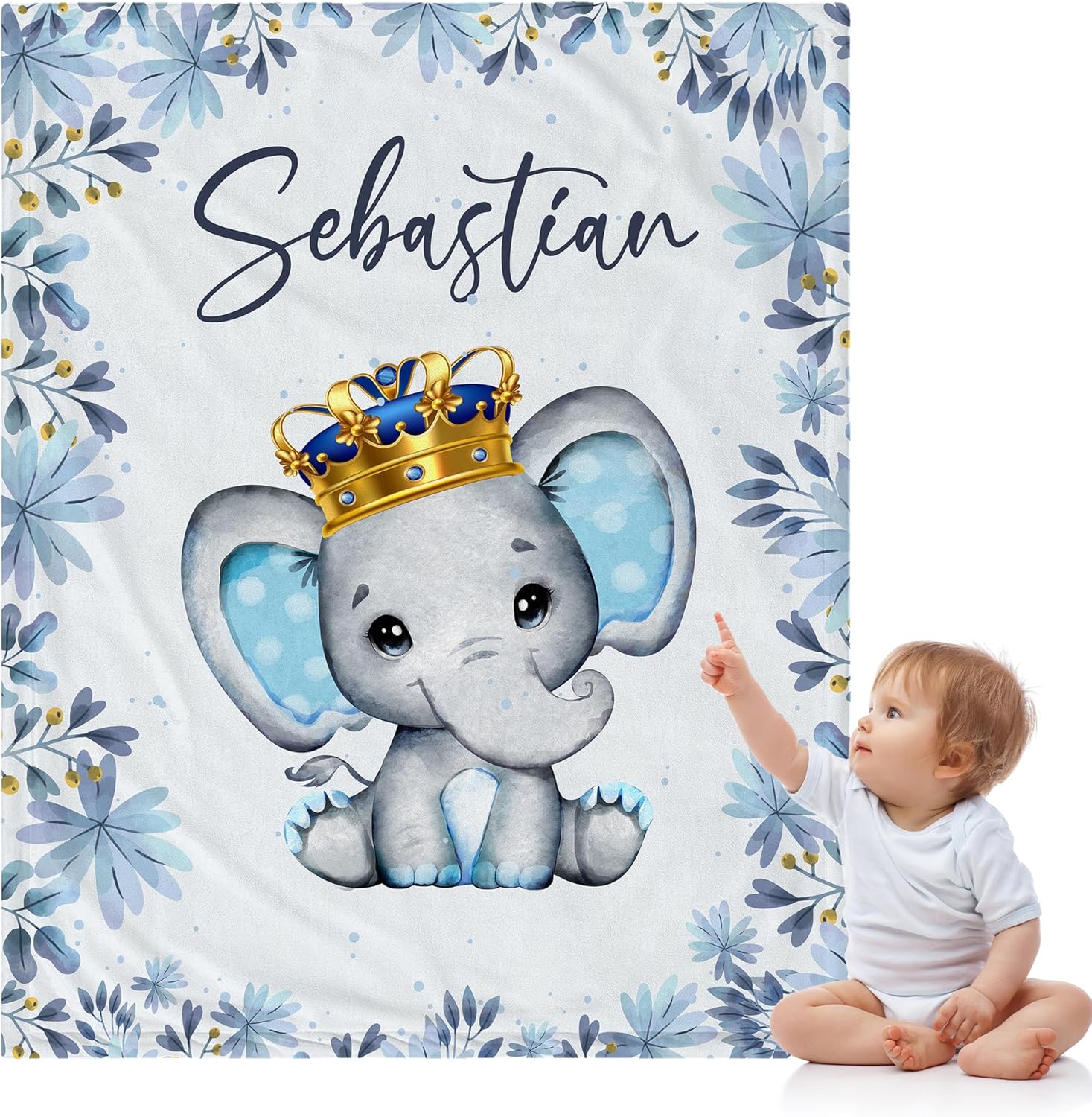 Personalized Baby Blanket for Boys, Custom Name Blanket for Toddlers, Boys Stroller Crib Decor Throw, Blue Elephant